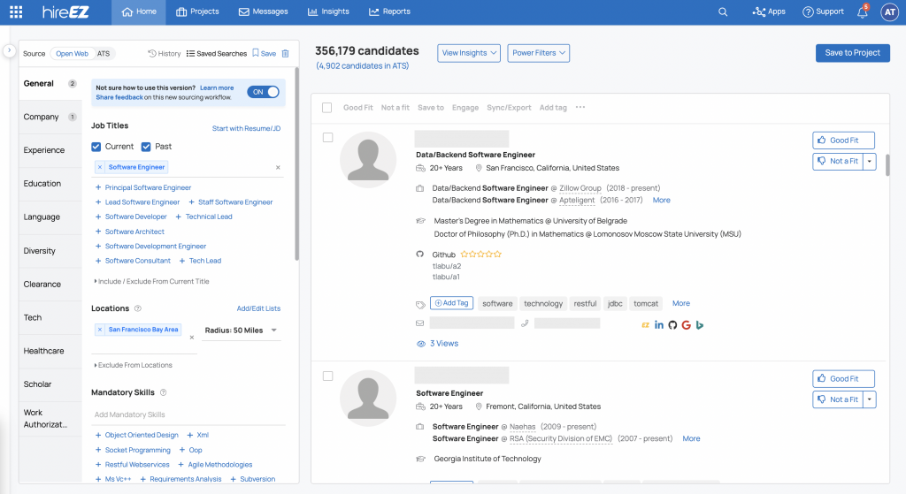 HireEZ interface with search filters and candidate profiles for software engineer roles