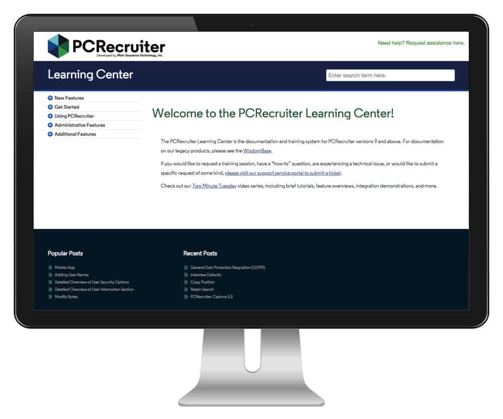 PCRecruiter Learning Center Display