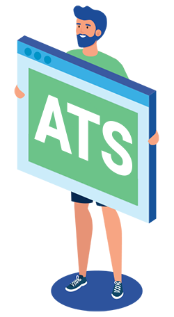 Isometric cartoon of man holding an ATS (applicant tracking system) sign