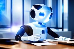 PROMPT: "cinematic photograph, a seated humanoid robot holding a paper document in front of its face, wearing a business suit, sitting at a desk in casual office setting, robot eye is scanning the paper with a blue light beam, coffee mug, lens flares, movie still" (Generated with mage.space)