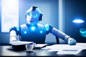 PROMPT: "cinematic photograph, a seated humanoid robot holding a paper document, wearing a business suit, sitting at a desk in casual office setting, robot eye is scanning the paper with a blue light beam, coffee mug, lens flares, movie still" (Generated with mage.space)