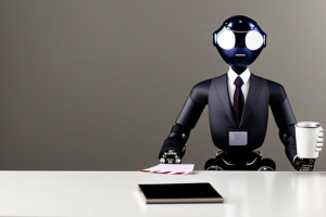 PROMPT: "award-winning photograph, a seated humanoid robot wearing a business suit, the robot is holding an iPhone, the robot is holding a piece of white paper, sitting at a desk in casual office setting, chrome accents, coffee mug, photo by J.J. Abrams" (Generated with mage.space)