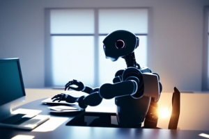 PROMPT: "cinematic photograph, rear view, the back of a seated humanoid robot wearing a business suit, typing on a laptop, sitting at a desk in casual office setting, lens flares, movie still aesthetic"  (Generated with mage.space)