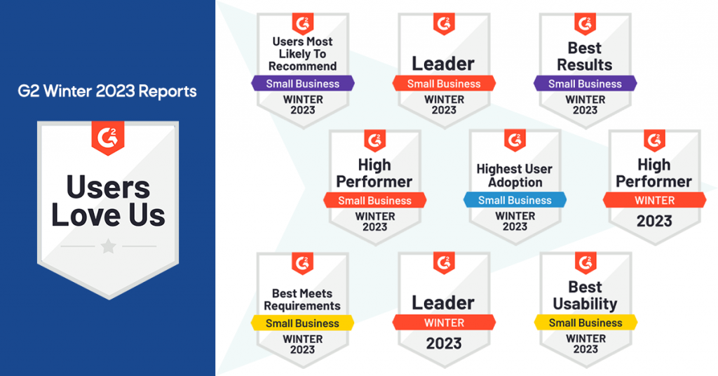 G2 Winter 2023 Badges - PCRecruiter is a Top 10 Recruiting Software Option