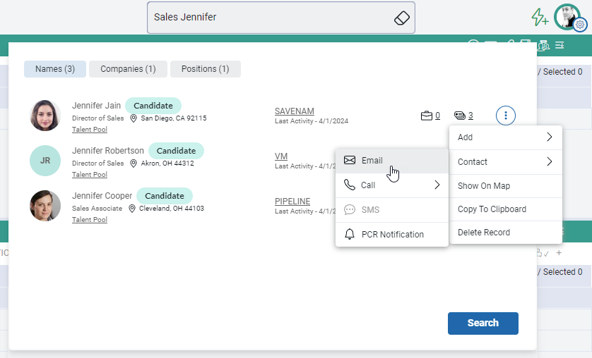 The PCRecruiter Quick Search finds Names, Companies, and Positions in your database.