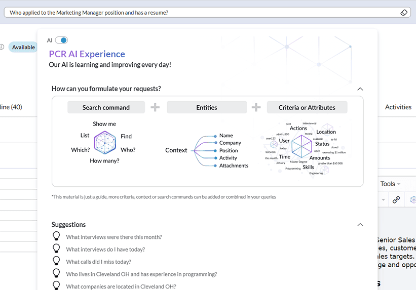 Search, compose, and match with AI in PCRM.